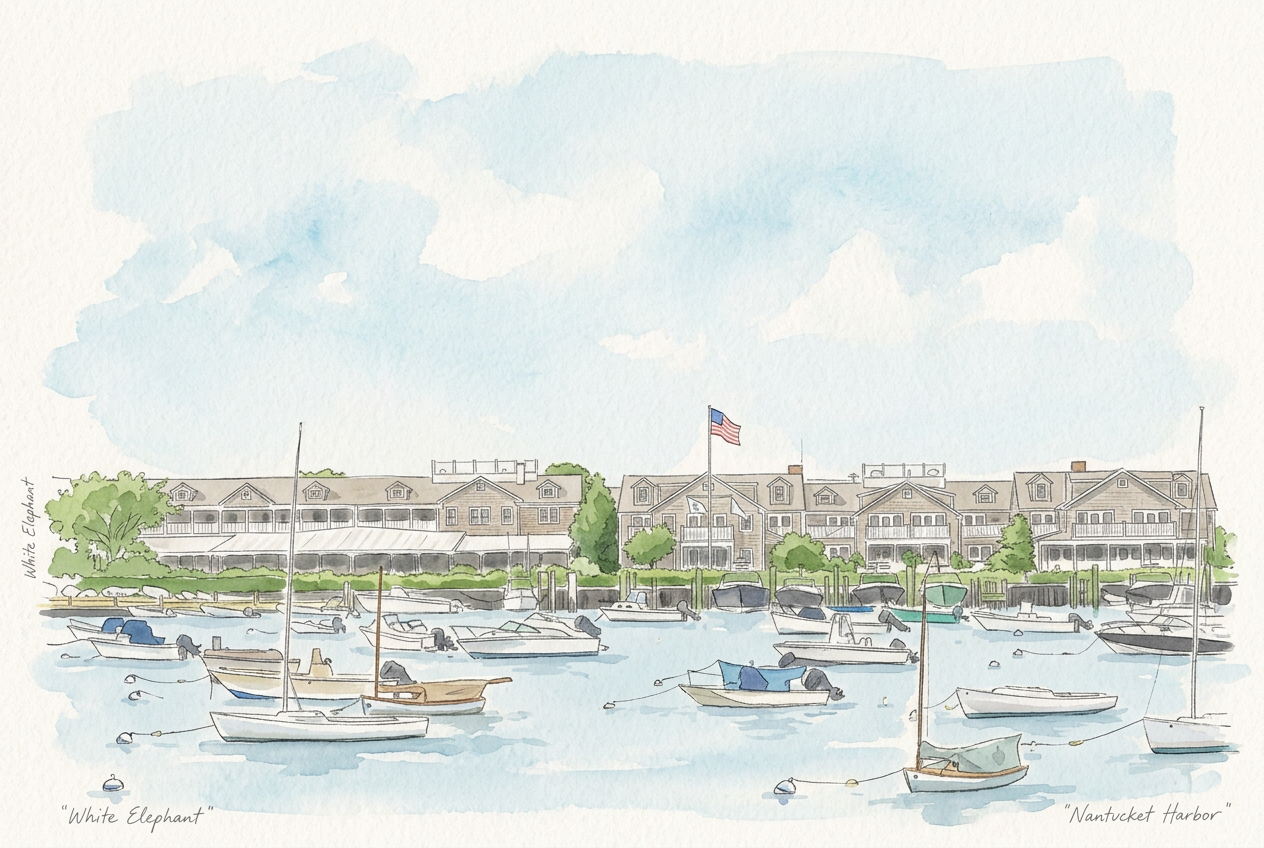 Watercolor view of White Elephant Nantucket on the harbor