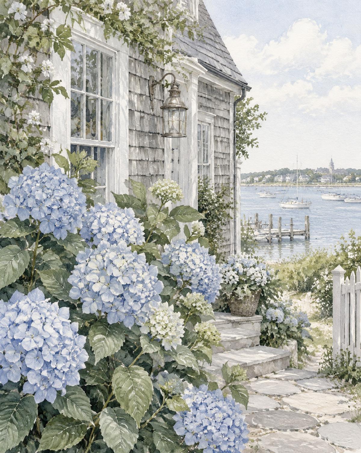 Blue hydrangeas at a Nantucket cottage